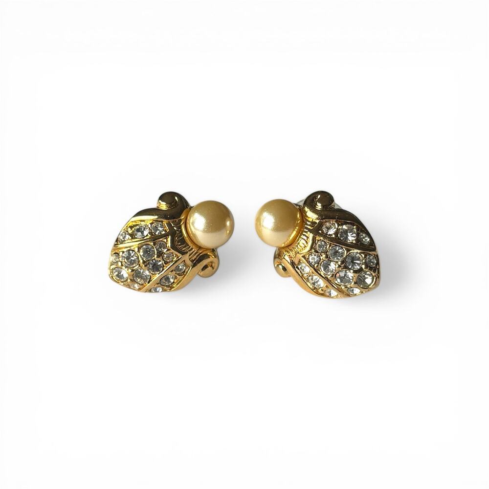 Vintage Swarovski Crystal Earrings Elegant Gold Pave Faux Pearl Stud Post